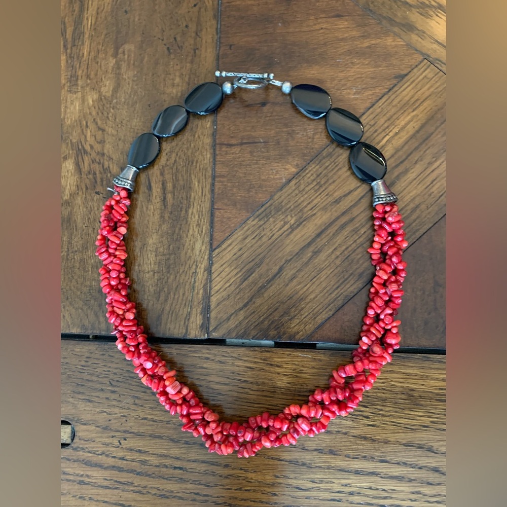 24” Red Shell and Black Stone Necklace with Toggle Closure  Exotic